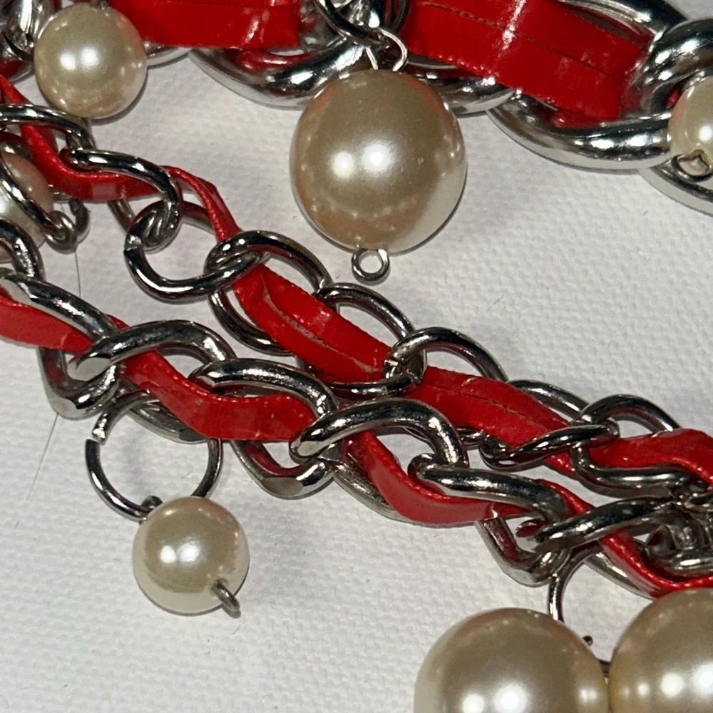 ⚓️Vintage Nautical Charm Silver Link Chain Red Leather Belt Anchor Rolfs